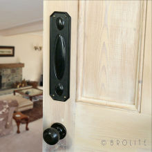 No. 6270 Black real Bakelite finger plate with No. 6115 stepped round door knob. Also available in Mottled Brown