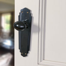 No. 6861 Black real Bakelite Oval Stepped door knob with true Deco back plate without keyhole. Also available with key hole and in Mottled Brown
